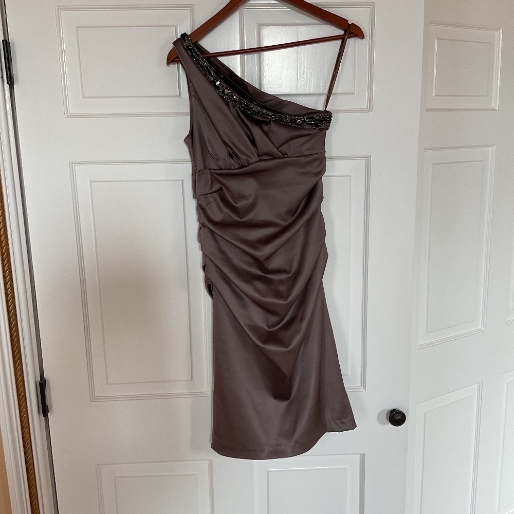 Suzi Chin for maggy boutique One Shoulder Taupe Dress with Beading Size 2